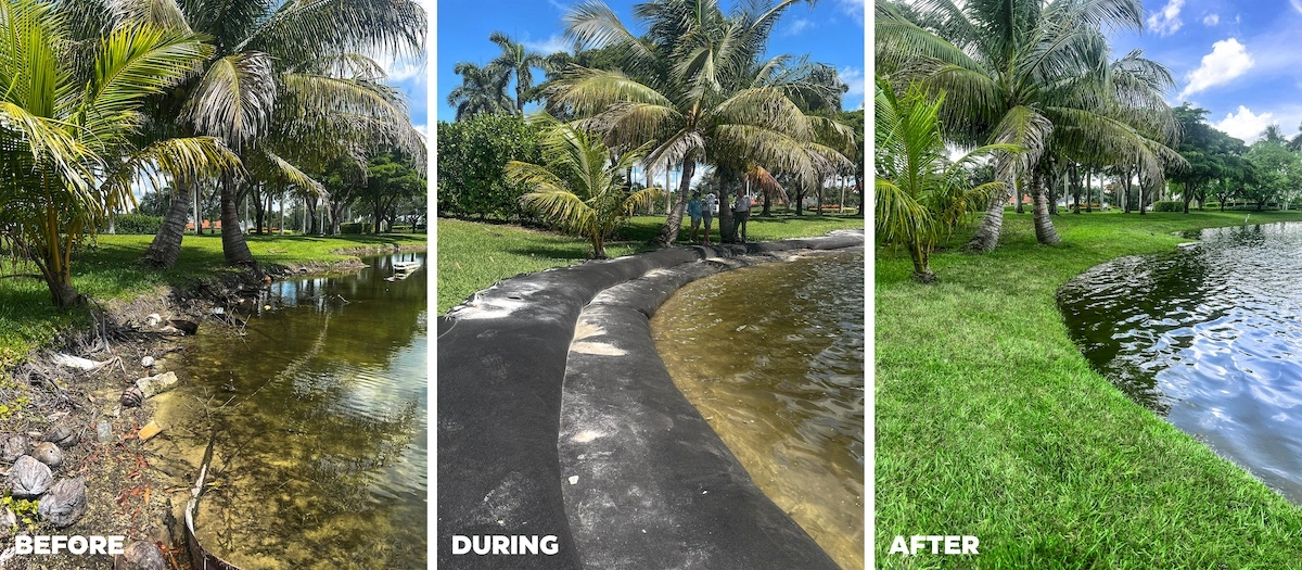 Before, during, and after stages of a residential lake bank restoration project in Florida