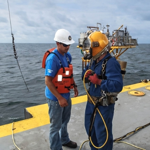 Offshore commercial diving team preparing for a platform inspection