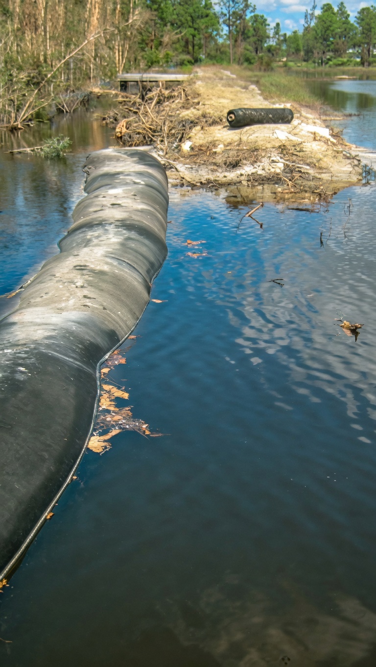 Black Geo Tube laid in shallow water along a Colony Ranch dirt embankment