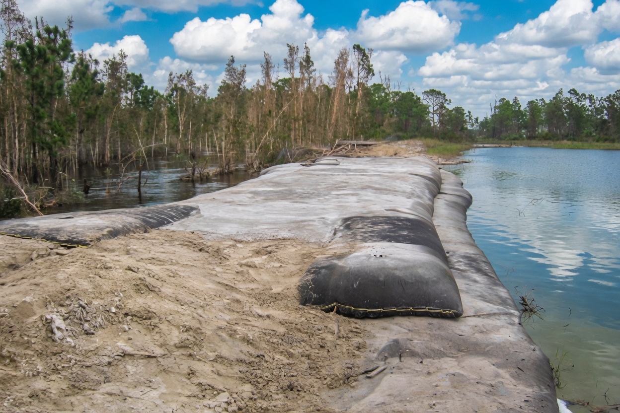 Stacked Geo Tubes resting on a sandy Colony Ranch embankment beside the water