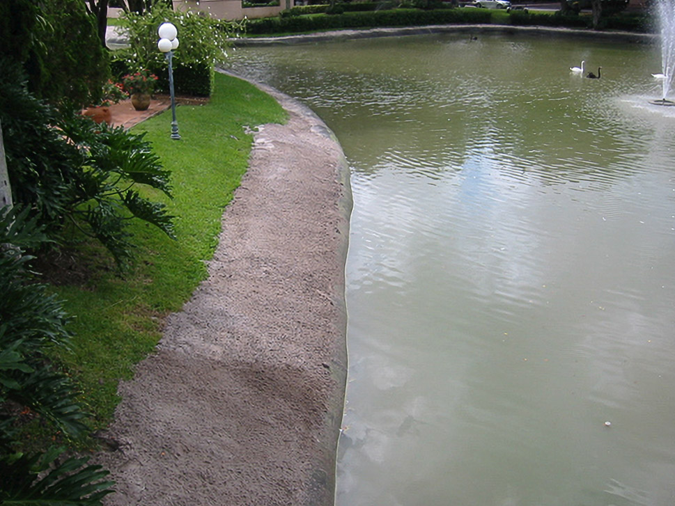 Curved shoreline edging along a Villa Destes pond during restoration