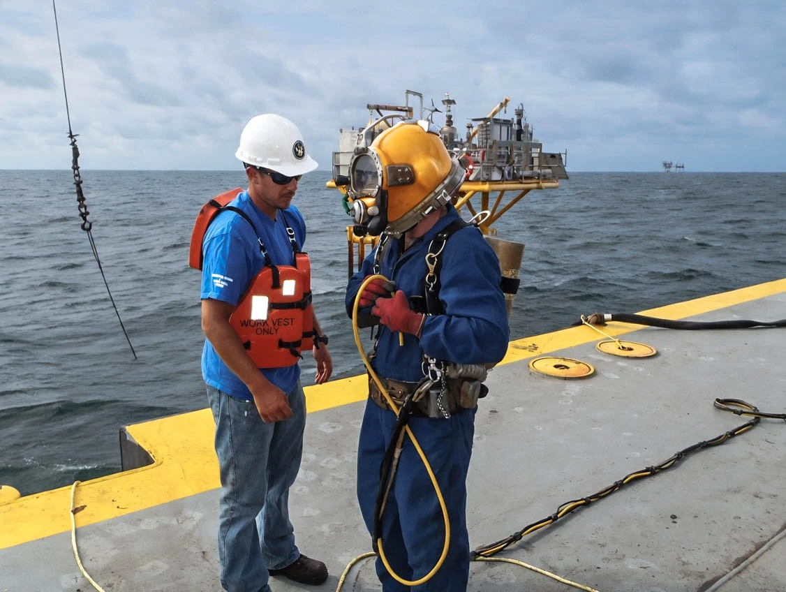 Offshore commercial diving team preparing for a platform inspection on the open water