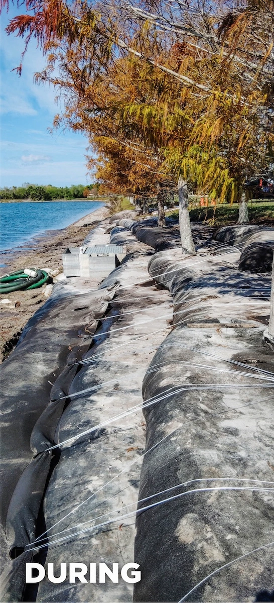 Stacked Geo Tubes being installed along a Florida lake bank during restoration